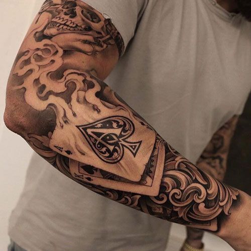 Floral Forearm Sleeve Tattoo, The greyish black colour palette adds an  eerie and spine-chilling vibe to this full arm tattoo.